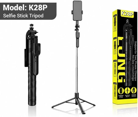 Bluetooth Selfie Çubuğu ve Tripod, 360° Dönebilen Telefon Tutucu, Uzaktan Kumandalı, Maksimum 175cm, Katlanabilir Vlog Canlı Yayın Fotoğraf Video Çekim Standı | K28P