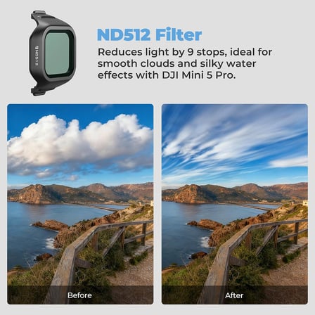 DJI Mini 5 Pro için Tüm Gün 6'lı Paket ND Filtreler - ND16, ND32, ND64, ND256, ND512 ve ND1000 - Sinematik Hava Görüntüleri için Tam Işık Kontrolü
