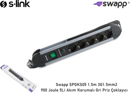 SPGKS05 1.5m 3G1.5mm2 900 Joule 5Li Akım Kor. Gri Priz Çoklayıcı