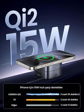 MagFlow Qi2 sertifikalı 15W 2'si 1 arada katlanabilir şarj istasyonuşarj standı iPhone 16,16 Pro,16 Pro Max,15,14,13, AirPods için MagSafe şarj cihazı ile uyumlu, bekleme işlevini destekler