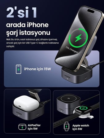 MagFlow Qi2 sertifikalı 15W 2'si 1 arada katlanabilir şarj istasyonuşarj standı iPhone 16,16 Pro,16 Pro Max,15,14,13, AirPods için MagSafe şarj cihazı ile uyumlu, bekleme işlevini destekler