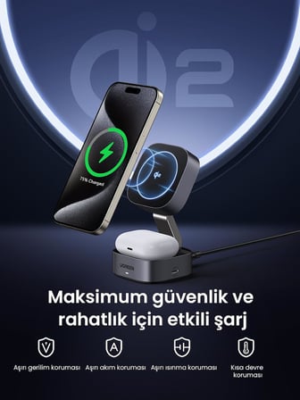 MagFlow Qi2 sertifikalı 15W 2'si 1 arada katlanabilir şarj istasyonuşarj standı iPhone 16,16 Pro,16 Pro Max,15,14,13, AirPods için MagSafe şarj cihazı ile uyumlu, bekleme işlevini destekler