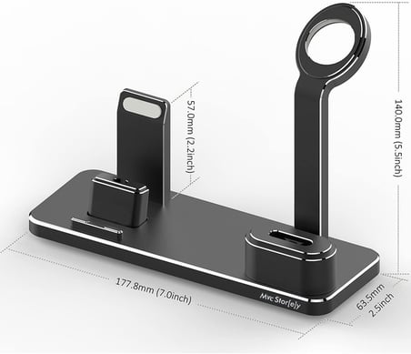 3'ü 1 Arada iPhone & Apple Watch & AirPods Şarj Standı Uyumlu– Metal Çoklu Şarj İstasyonu, 20 W Adaptörlü Hızlı Şarj, 2 m Lightning/USB‑C Kablo, Masaüstü Telefon Standı Siyah