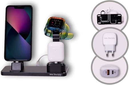 3'ü 1 Arada iPhone & Apple Watch & AirPods Şarj Standı Uyumlu– Metal Çoklu Şarj İstasyonu, 20 W Adaptörlü Hızlı Şarj, 2 m Lightning/USB‑C Kablo, Masaüstü Telefon Standı Siyah