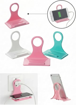 3’lü Set Mobil Telefon Tutucu ve Şarj Standı - 3 Adet Duvar Prizi Uyumlu Akıllı Telefon Rafı, Masaüstü Stand Fonksiyonlu Çok Amaçlı Şarj Aparatı (3 Farklı Renk/Paket)