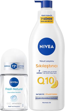 Q10 Sıkılaştırıcı Nemlendirici Vücut Losyonu400Ml Ve Kadın Mini Roll-On Deodorant Fresh Natural 25Ml