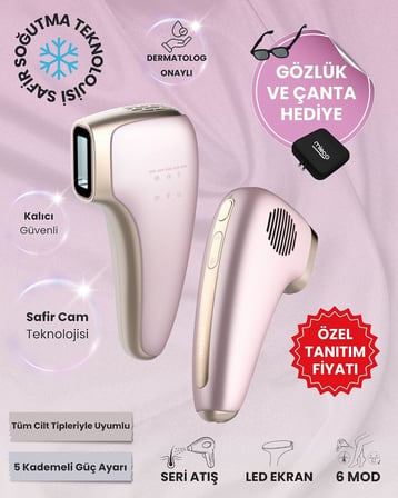 Safir Soğutma Özellikli IPL Lazer Epilasyon Aleti (Rosegold) - Safir Cam, Yüz ve Vücut, Hassas Bölge, Soğutma Modu + Gözlük ve Çanta Hediyeli