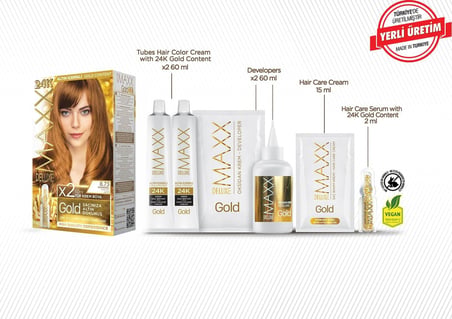 Gold serisi 24K Altın Parçacıklı Serum ile 1 Kutu 2 x 50 ml ve Geliştiriciler Saç Boyası (KARAMEL 8.73)