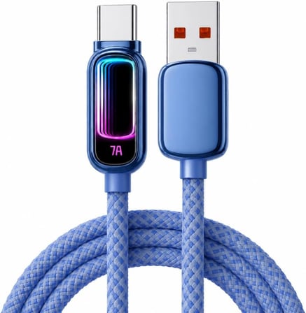 1 Metre 100W 7A USB-A to Type-C Hızlı Şarj Kablosu RGB Işıklı 480Mbps Veri Aktarımlı Örgülü Data Kablosu Mavi