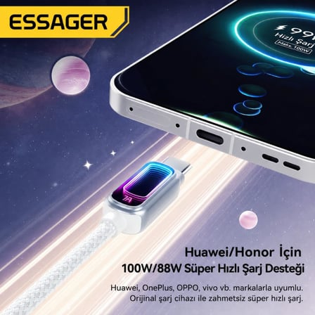 1 Metre 100W 7A USB-A to Type-C Hızlı Şarj Kablosu RGB Işıklı 480Mbps Veri Aktarımlı Örgülü Data Kablosu Beyaz