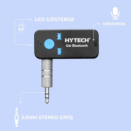 Hytech Kablosuz Araç Müzik Alıcısı ve Handsfree Kiti (Bluetooth 5.3 Uyumlu) - 3.5mm AUX Stereo Jak, TF Kart Destekli Oto Ses Adaptörü