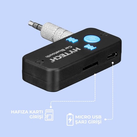 Hytech Kablosuz Araç Müzik Alıcısı ve Handsfree Kiti (Bluetooth 5.3 Uyumlu) - 3.5mm AUX Stereo Jak, TF Kart Destekli Oto Ses Adaptörü