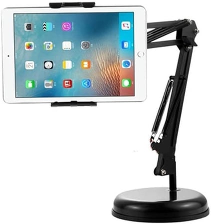 Masaüstü Telefon ve Tablet Tutucu 19cm Ayak Çap uzunluğu Ayarlanabilir Kollu Geniş Tablalı, PVC + Metal malzeme 360 Derece Dönebilen Masaüstü Telefon ve Tablet Tutucu - Y01