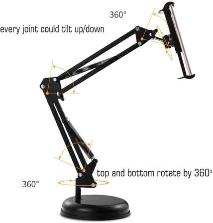 Masaüstü Telefon ve Tablet Tutucu 19cm Ayak Çap uzunluğu Ayarlanabilir Kollu Geniş Tablalı, PVC + Metal malzeme 360 Derece Dönebilen Masaüstü Telefon ve Tablet Tutucu - Y01