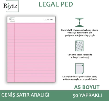 A5 Boyut, 3 adet Pembe Renkli Legal Pad, Notluk, Notepad, Defter, Herbiri 50 Yaprak, Geniş Satır aralığı, okul, iş ve ofis için, Türk Malı
