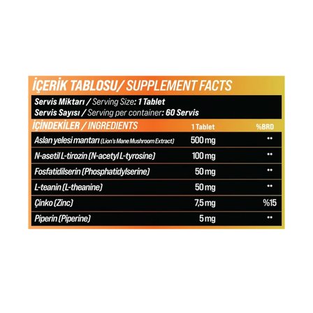 Grimsupps Lion's Mane & L-Theanine Kompleks - Claw ve Piperine Odak Takviyesi (60 Tablet)