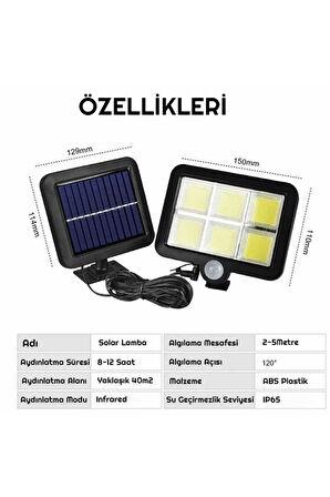 3 Modlu 120 Cob Led Kumandalı Solar Panel Güneş Enerjili Duvar Lambası Bahçe Lambası