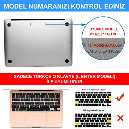 Apple MacBook Air 13 inch M1 Çip A2337 Uyumlu Alt Üst Kılıf + Klavye Kılıfı + Ekran Koruyucu Film