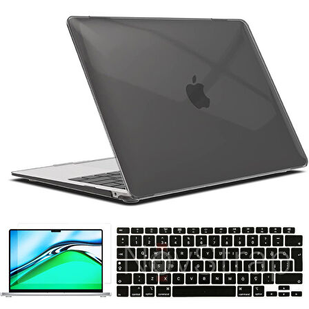 Apple MacBook Air 13 inch M1 Çip A2337 Uyumlu Alt Üst Parlak Kılıf + Siyah Klavye Kılıfı + Film