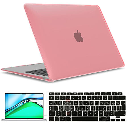 Apple MacBook Air 13 inch M1 Çip A2337 Uyumlu Alt Üst Parlak Kılıf + Siyah Klavye Kılıfı + Film