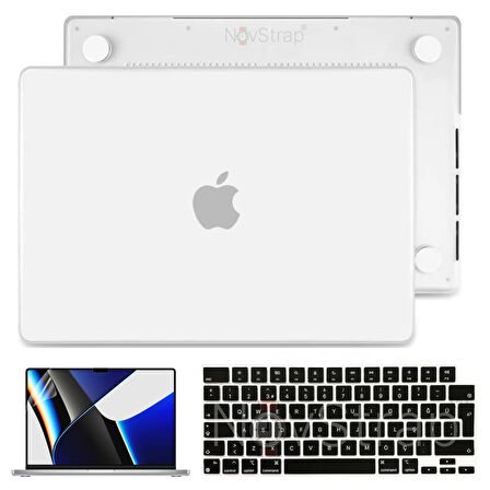 NovStrap Apple MacBook Pro 2021 M1 16.2 inc A2485 Uyumlu Mat Kılıf + Siyah Klavye Kılıfı + Film