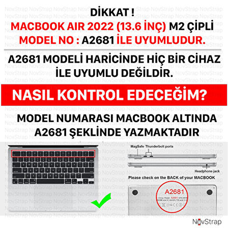 NovStrap Apple MacBook Air 13.6 inç 2022 M2 Çip A2681 Uyumlu Kılıf Parlak-Siyah Klavye Kılıfı-Film