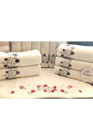 (6.LI SET) Annem 50x90 Cm. Özel Tafting Nakışlı Kadife Doku Çeyizlik Lüks Havlu Seti (Beyaz)