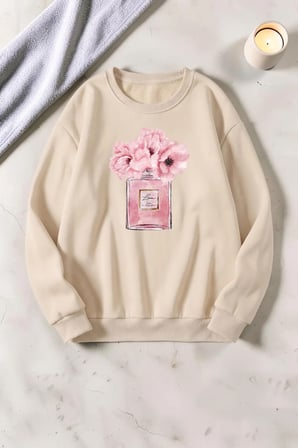 Unisex Parfüm Detaylı Baskılı Bisiklet Yaka Sweatshirt