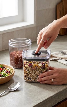 Softchef Click'n Fresh Hava Geçirmez Kare Plastik Erzak Kabı 700 ml - Vakumlu Tek Tuş Kapaklı Şeffaf Plastik Bakliyat, Un ve Şeker Saklama Kabı, BPA İçermez (10,5x10,5x9cm)