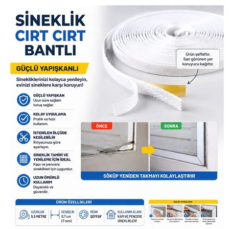 Pratik Cırt Bantlı Pencere Sinekliği 75x125 cm Deliksiz Montaj Tek Kanat Beyaz Sineklik