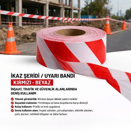 180 Metre 60mm İkaz Şeridi Uyarı Bandı Emniyet Şeridi Emniyet Bandı Kırmızı Beyaz BN180