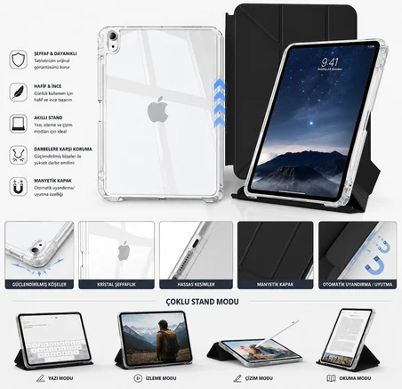 iPad 11. Nesil (A16) 2025 v 10.Nesil 2022 ile Uyumlu Kapağı Ayrılabilir Mıknatıslı Arkası Sert Kılıf