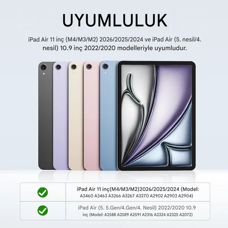 iPad Air 11 inç M4/M3 ve Air 4/5 10.9 inç ile uyumlu Kapağı Ayrılabilir Mıknatıslı Arkası Sert Kılıf
