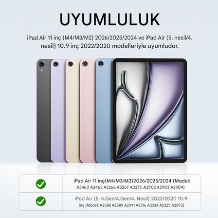 iPad Air 11 inç M4/M3 ve Air 4/5 10.9 inç ile uyumlu Kapağı Ayrılabilir Mıknatıslı Arkası Sert Kılıf