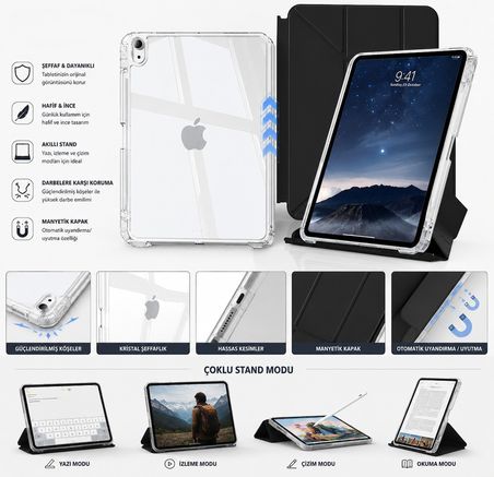 iPad Air 11 inç M4/M3 ve Air 4/5 10.9 inç ile uyumlu Kapağı Ayrılabilir Mıknatıslı Arkası Sert Kılıf