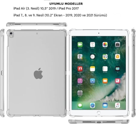 iPad 7. 8. 9. Nesil 10.2 inç ile Uyumlu Köşe Korumalı Şeffaf Esnek Antishock Kılıf 