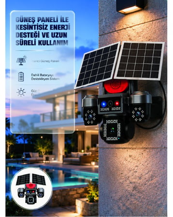 4 Lensli Güneş Enerjili Dış Mekan Güvenlik Kamerası IP66 Su Geçirmez