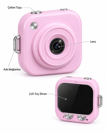 128 GB’a Kadar Hafıza Kartı Destekli Pembe Mini Dijital Fotoğraf Makinesi
