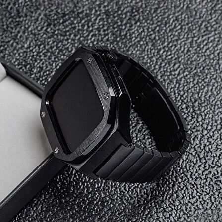 Apple Watch 44mm Kordon Swatch Tarzı Paslanmaz Baklalı Metal Kasa Kordon