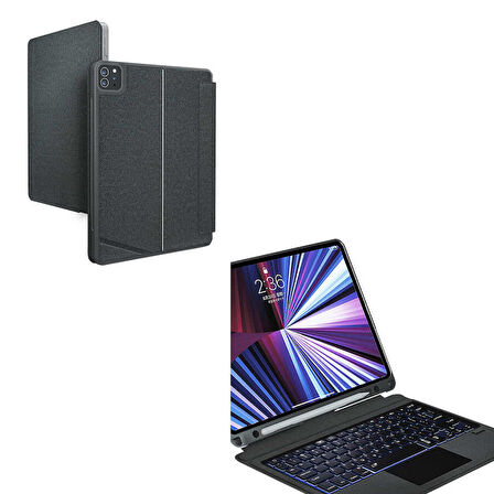 Apple iPad Pro 12.9 6. Nesil Kılıf LED Işıklı Magnetik Standlı Klavyeli A2436 A2437 A2764 A2766