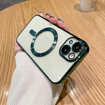 Apple iPhone 15 Kılıf Magsafe Kamera Lensli Korumalı Şeffaf Silikon Kapak