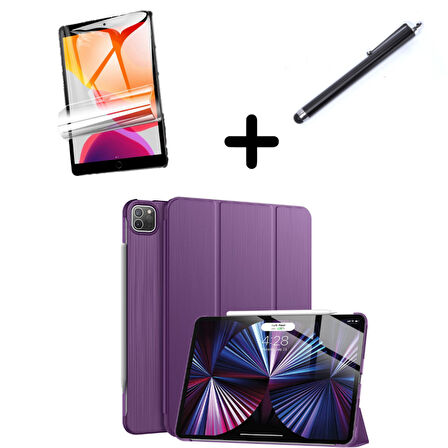 Apple iPad Pro 12.9 3. 4. 5. 6. Nesil Kılıf Set PU Deri Smart Tablet Kilifi Ekran Koruyucu + Kalem