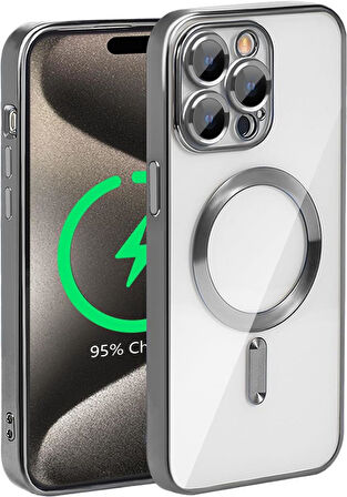 Apple iPhone 15 Pro Max Kılıf Magsafe Kamera Lensli Korumalı Şeffaf Silikon Kapak
