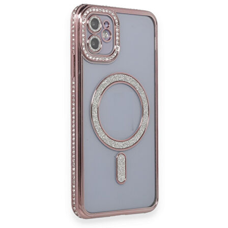 Apple iPhone 11 Kılıf Simli Magsafe Kamera Kenar Taşlı Kapak