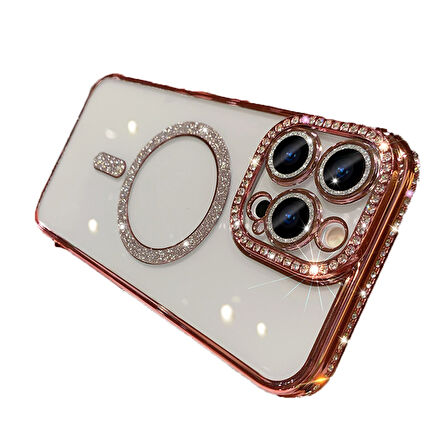 Apple iPhone 11 Kılıf Simli Magsafe Kamera Kenar Taşlı Kapak