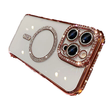 Apple iPhone 11 Kılıf Simli Magsafe Kamera Kenar Taşlı Kapak