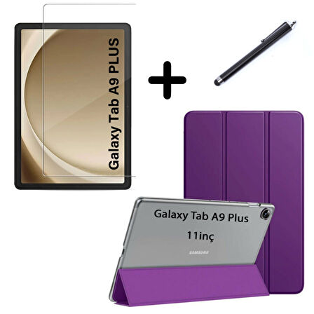 Samsung Galaxy Tab A9 Plus X210 Kılıf SET PU Deri Smart Tablet Kilifi Ekran Koruyucu + Kalem X213 X215 X217
