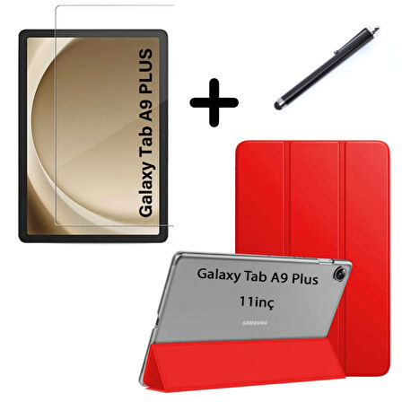 Samsung Galaxy Tab A9 Plus X210 Kılıf SET PU Deri Smart Tablet Kilifi Ekran Koruyucu + Kalem X213 X215 X217