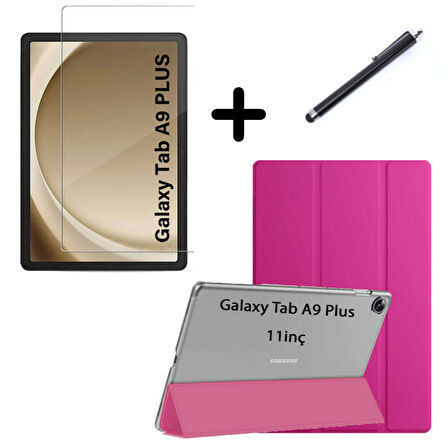 Samsung Galaxy Tab A9 Plus X210 Kılıf SET PU Deri Smart Tablet Kilifi Ekran Koruyucu + Kalem X213 X215 X217