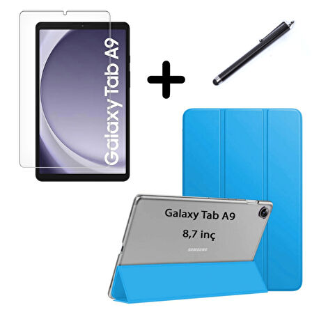 Samsung Galaxy Tab A9 8.7inç X110 Kılıf SET PU Deri Smart Tablet Kilifi Ekran Koruyucu + Kalem X113 X115 X117